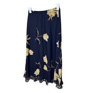 Vintage Navy Blue Yellow Floral Tulip Print Maxi Skirt Elastic Waist 6